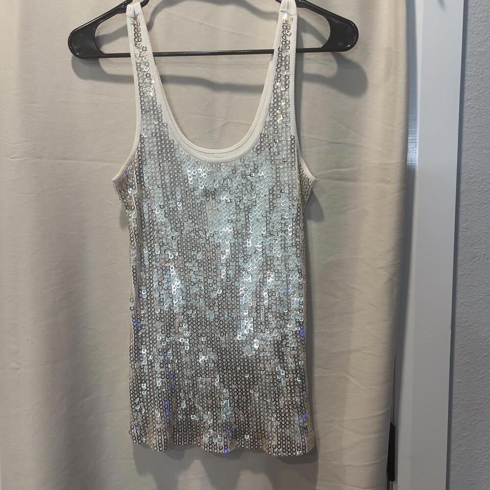 Express Sexy Basic White Sequin Tank Top, Size M - image 1